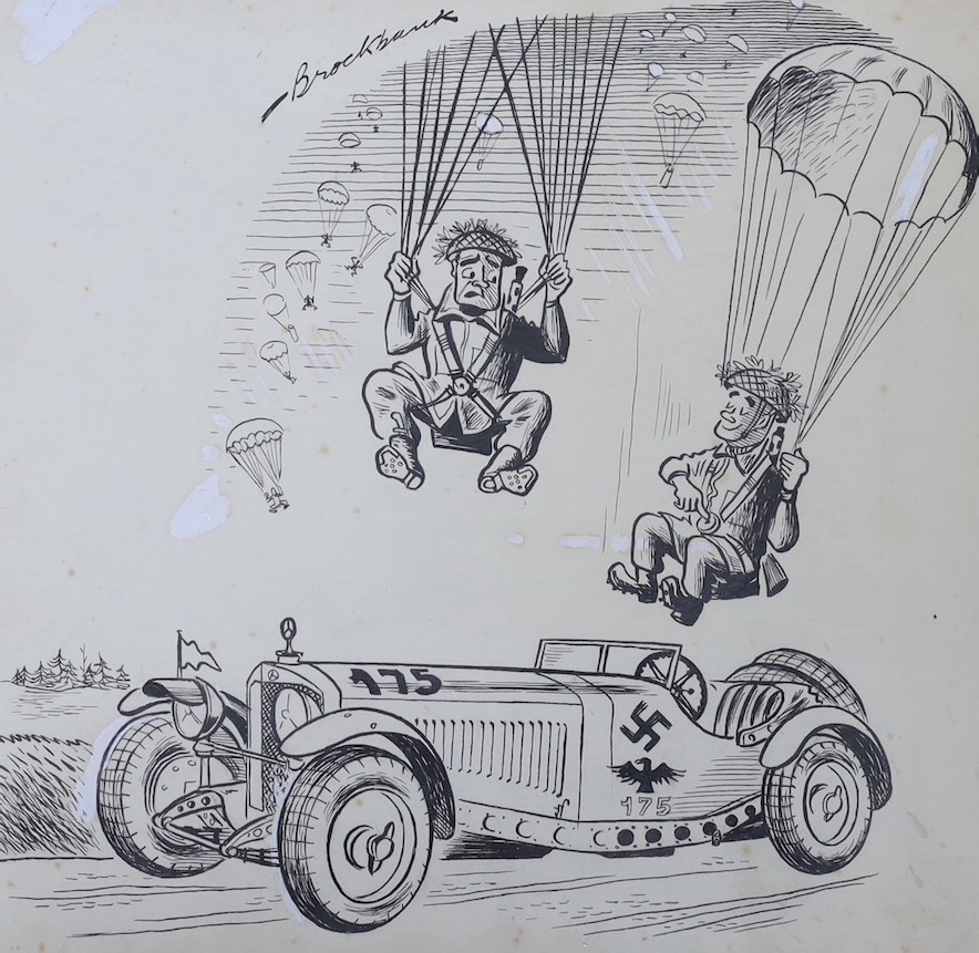 Russell Brockbank (1913-1979), original pen and ink cartoon for ‘The Motor’, paratroopers landing in a Mercedes SSK, signed, with a letter from the artist verso, 28 x 29cm
